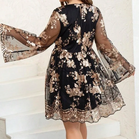 Luxe Floral Sequin Embroidered Sheer Sleeve Party Dress - Picture 9 of 11